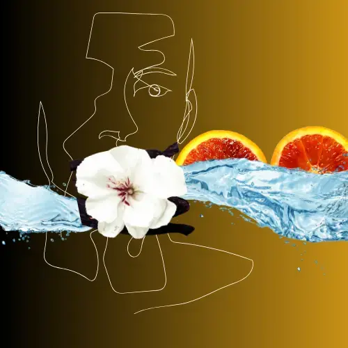 Blood orange slices with cedarwood and cashmere fabric, depicting the Cashmere Blue fragrance.