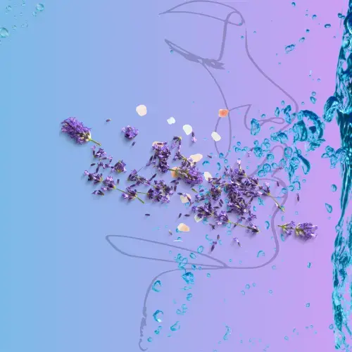 Lavender flowers and sea salt crystals, symbolizing the Serenity scent.